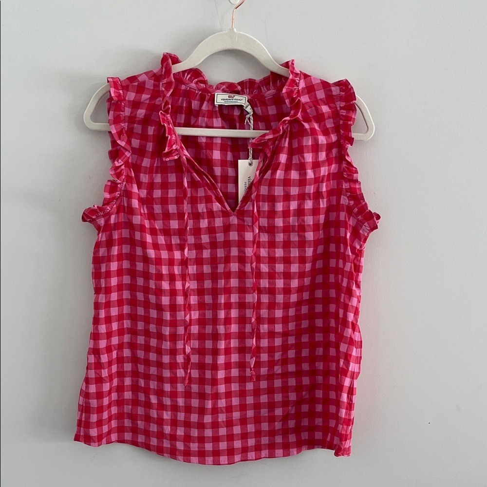Vineyard Vines Pink and Red Gingham Ruffle Tie Neck Sleeveless Top